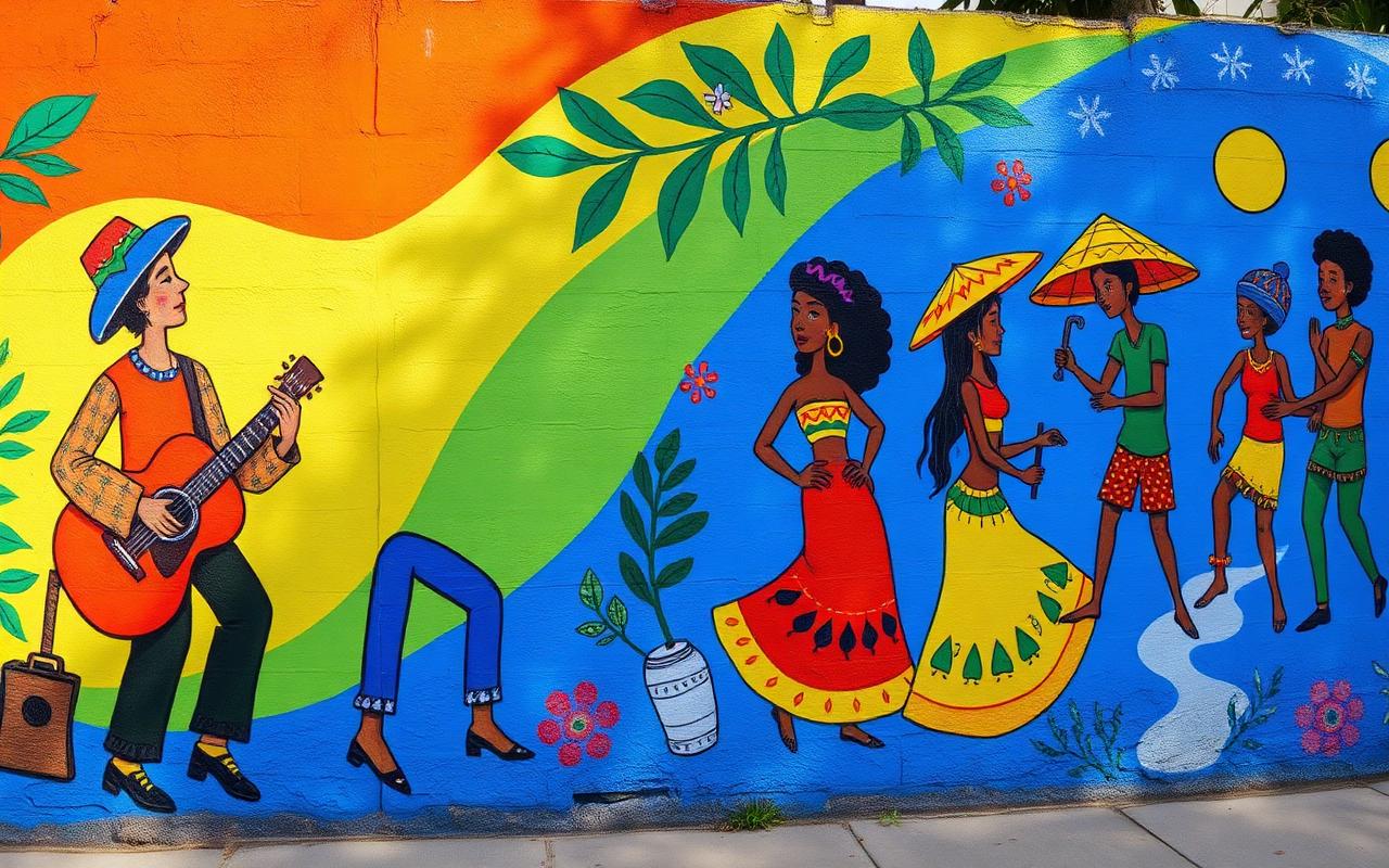 Mural da associação com cenas da cultura popular